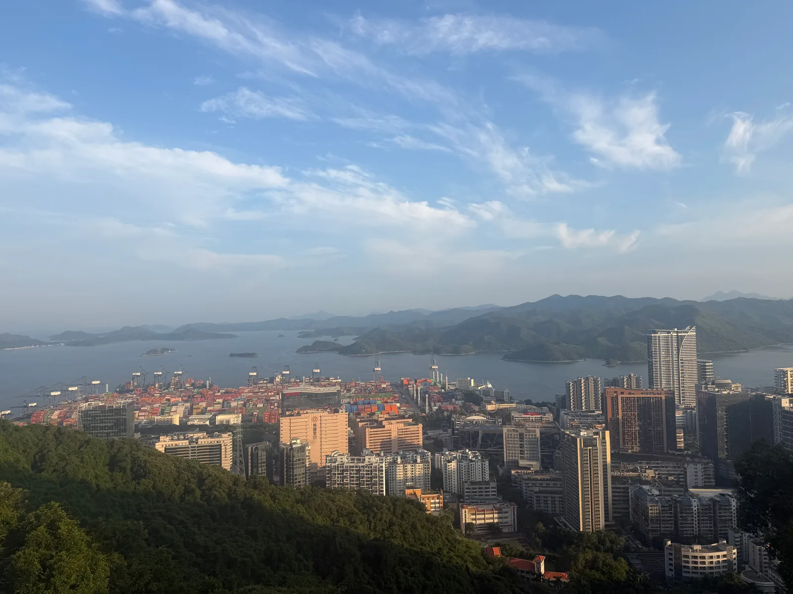 从山上俯瞰盐田城区、集装箱码头与层叠的海湾远山